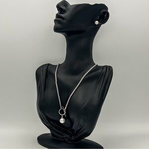 Faux‎ Pearl Pendant Necklace & Stud Earring Set | Silver Mesh Chains